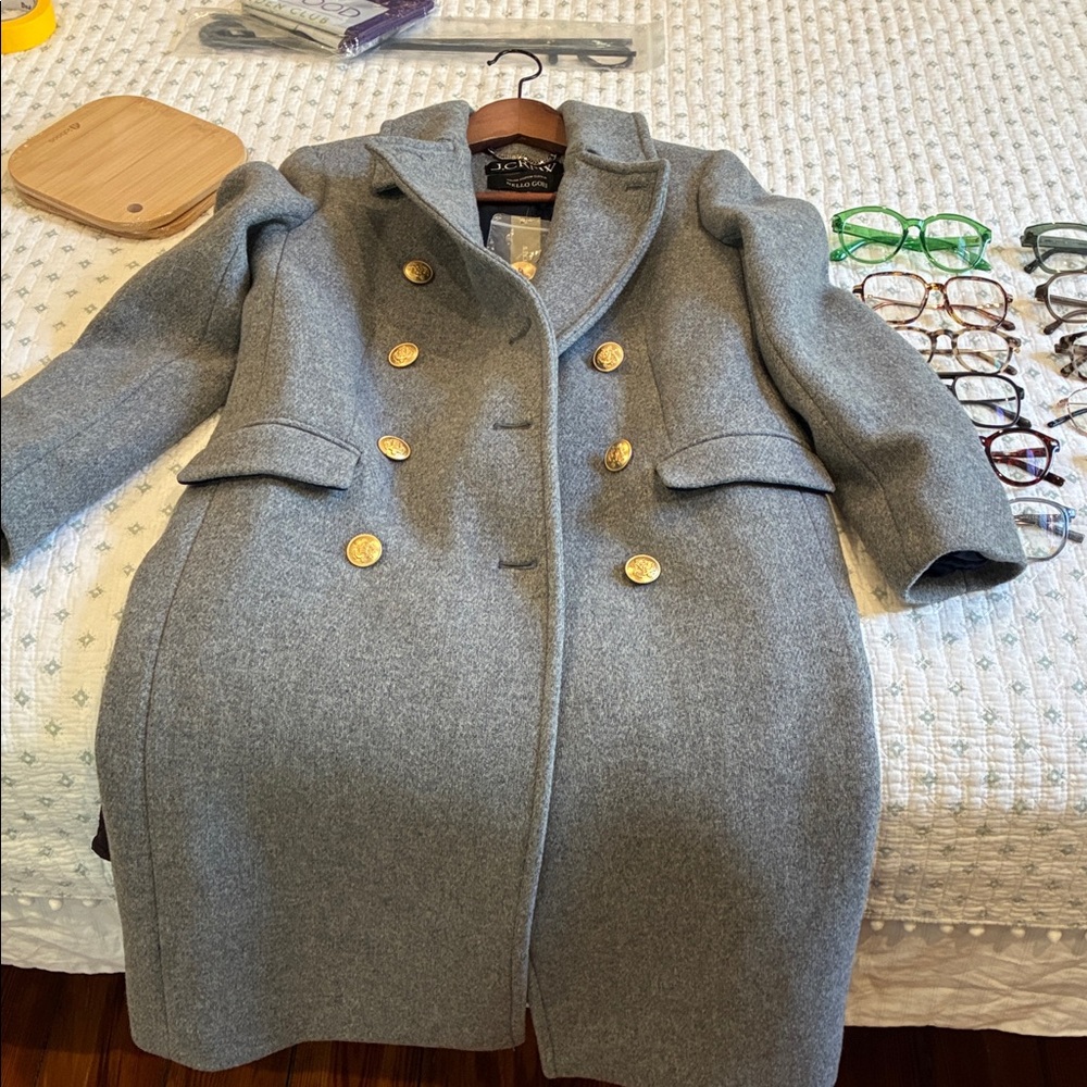J. Crew Wool Double-Breasted Pea Coat in Gray with Gold Buttons